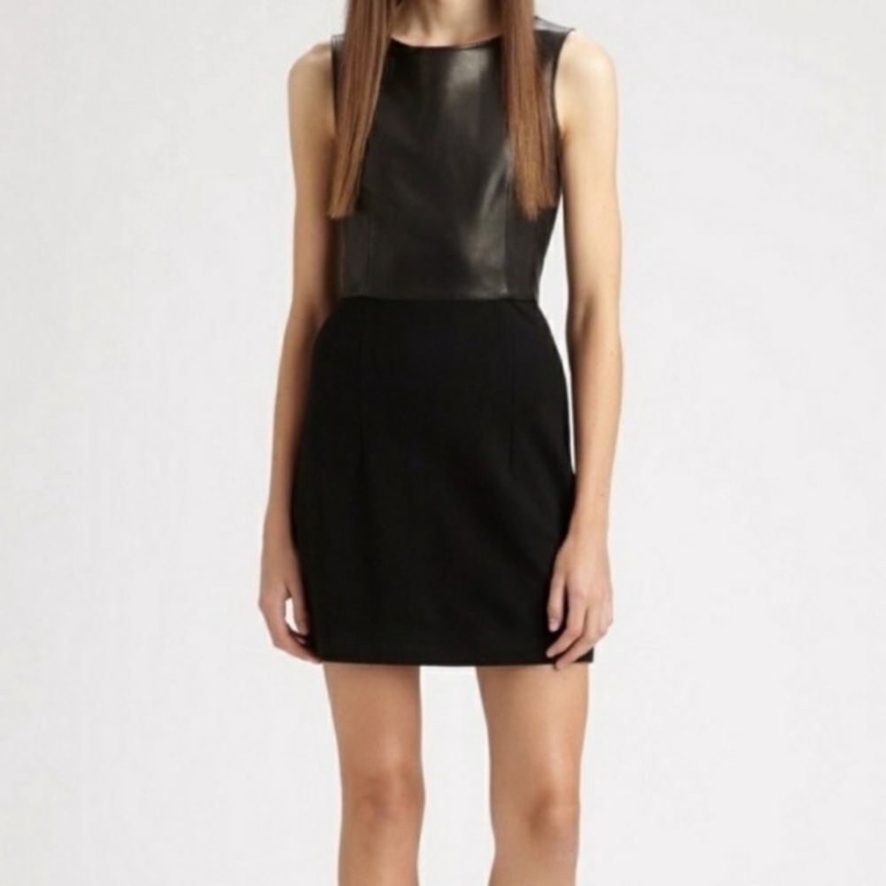 Theory. Sleeveless Black Leather & Ponte Combo Dress.
